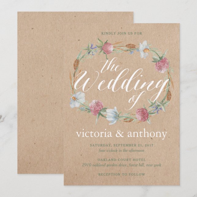 Wildblume Wraath on Kraft Country Wedding Einladung (Vorne/Hinten)