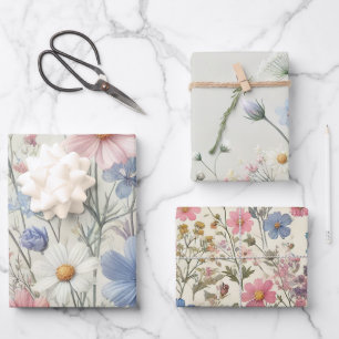 Wildblume Wrapping Paper Set - Packung mit 3 Stück Geschenkpapier Set