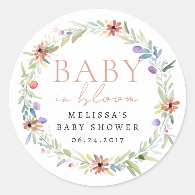 Wildblume Wreath Baby in Blütendusche Runder Aufkleber (Vorderseite)