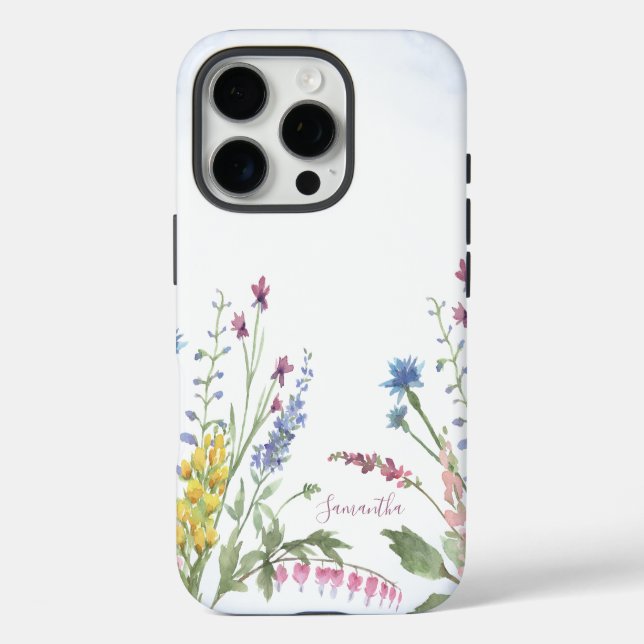 Wildblume Wreath Blue Watercolor Personalisiert iPhone 16 Pro Hülle (Rückseite)