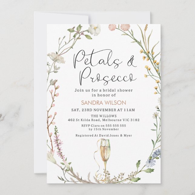 Wildblume Wreath Petals Prosecco Brautparty Einladung (Vorderseite)