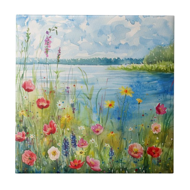 Wildblumen an einem See Fliese (Vorderseite)