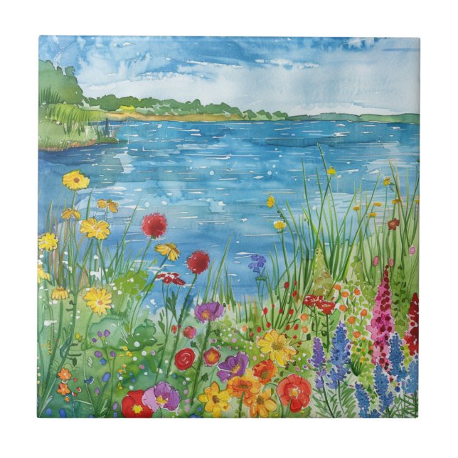 Wildblumen an einem See Fliese (Vorderseite)