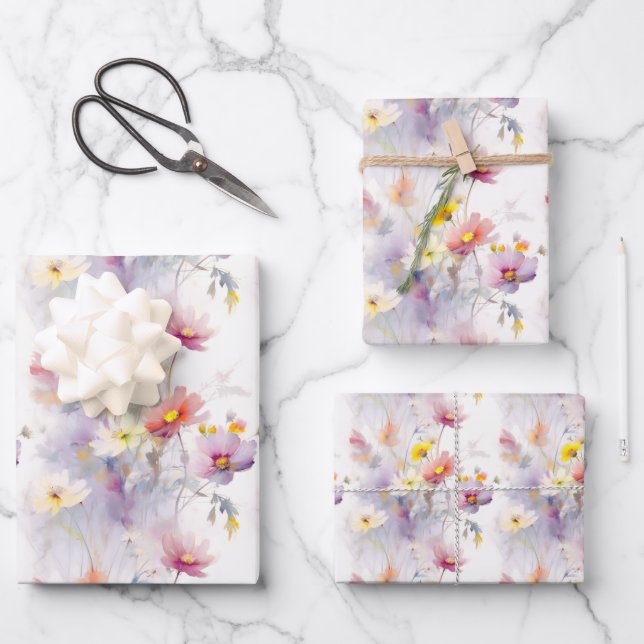 Wildblumen Aquarell Flora Elegante Geschenkpapier Set (Vorderseite)