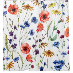Wildblumen Aquarell Mohn Kamille Hintergrund Duschvorhang