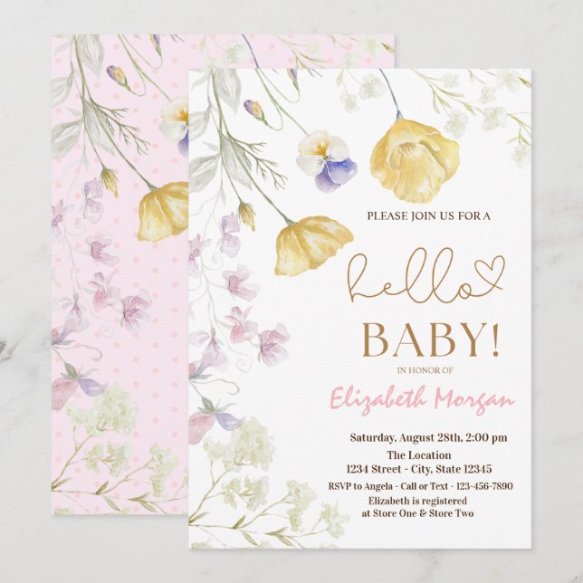Wildblumen Aquarell Rosa Dots Kinderdusche Einladung (Vorne/Hinten)