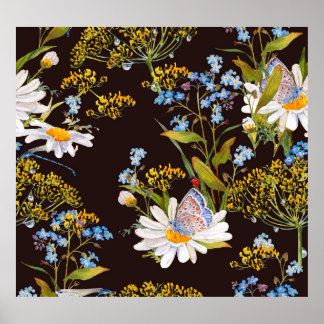 Wildblumen: Aquarellfarben mit schwarzem Hintergru Poster