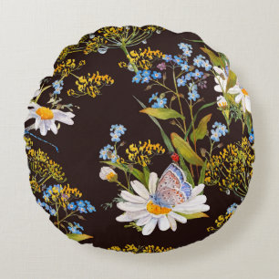 Wildblumen: Aquarellfarben mit schwarzem Hintergru Rundes Kissen