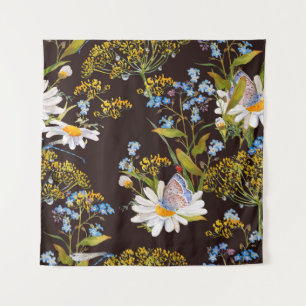 Wildblumen: Aquarellfarben mit schwarzem Hintergru Wandteppich