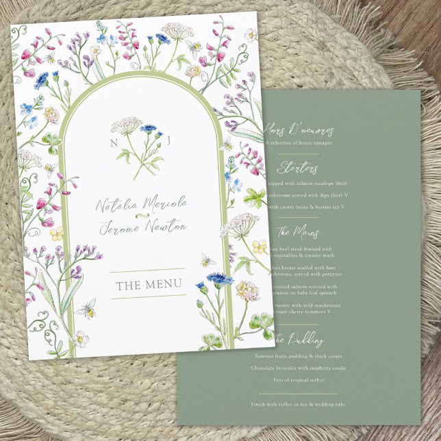 Wildblumen Aquarellgrün Hochzeit Flat Menu Menükarte (Von Creator hochgeladen)