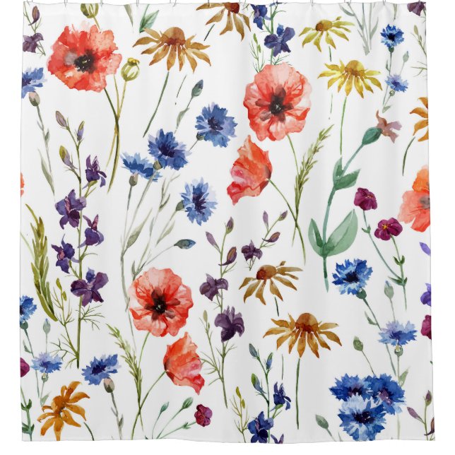 Wildblumen Aquarellmohn Kamille Hintergrund Duschvorhang (Vorderseite)
