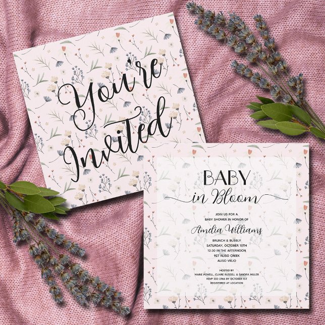 Wildblumen auf der Pink Girl Baby Dusche Einladung (Wildflowers on Pink Girl Baby Shower Invitations, INSTANT DOWNLOAD and/or PRINTED)