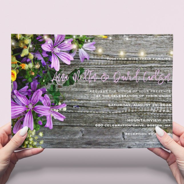 Wildblumen auf Holz-Lichterketten Rustikale Hochze Einladung (Von Creator hochgeladen)