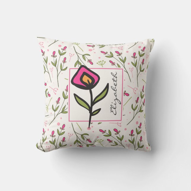 Wildblumen aus rosa und grünem, langem Stechen Per Kissen (Vorderseite)