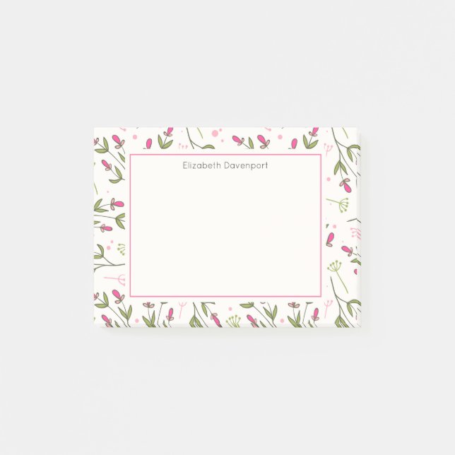 Wildblumen aus rosa und grünem, langem Steg Post-it Klebezettel (Vorderseite)