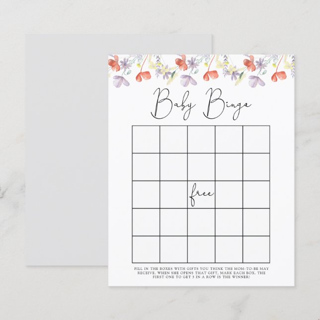 Wildblumen Baby Dusche Bingo Spiel (Vorne/Hinten)