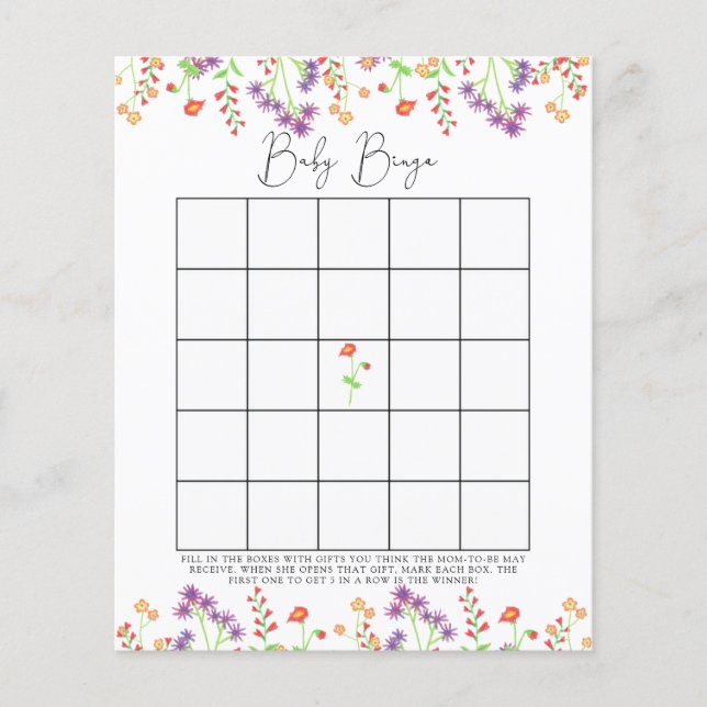 Wildblumen Baby Dusche Bingo Spiel (Vorderseite)