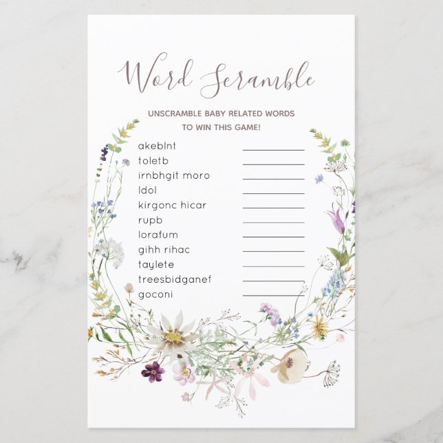 Wildblumen Baby Dusche Word Scramble Game (Vorderseite)