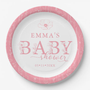 Wildblumen-Baby-Party   Rosa Blumenmuster Pappteller