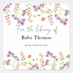 Wildblumen- Baby Shower Exlibris, Bücher für Baby Quadratischer Aufkleber
