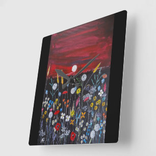 Wildblumen bei Sonnenuntergang Gemälde von Alfred Quadratische Wanduhr