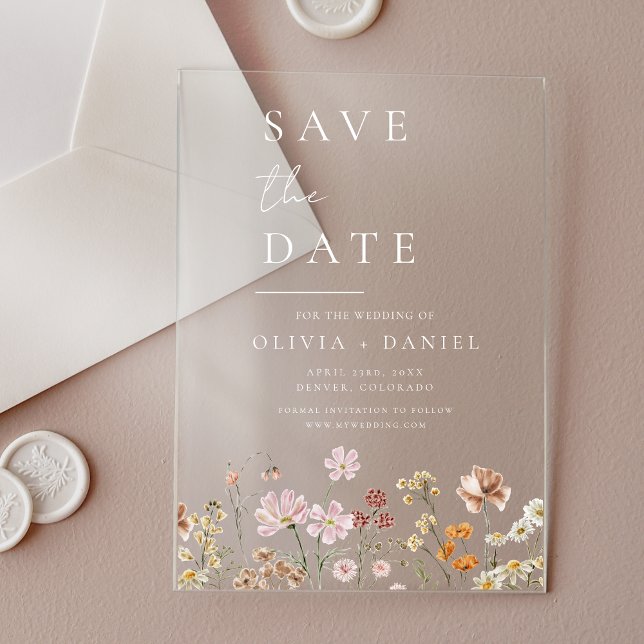Wildblumen Beige Boho Save the Date Minimalistisch Acryleinladungen (Von Creator hochgeladen)