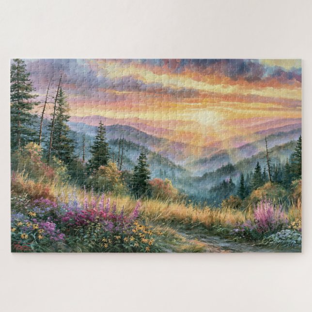 Wildblumen-Berg-Sonnenaufgang-Gemälde (Horizontal)