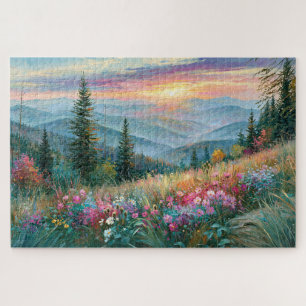 Wildblumen-Berg-Sonnenuntergang-Gemälde