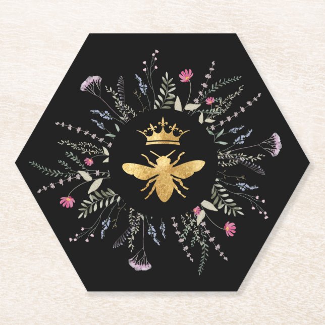Wildblumen Bienendesign auf schwarz Untersetzer (Vorderseite)