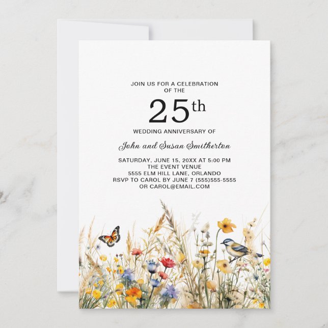 Wildblumen Birds Schmetterlinge 25 Jahre Einladung (Vorderseite)