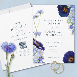 Wildblumen Blau Rustikale Hochzeits-Website QR-Cod Einladung