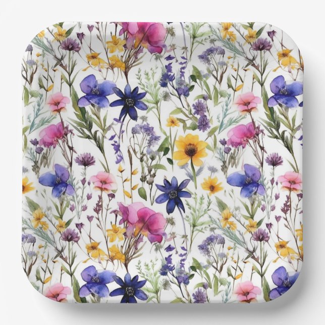 Wildblumen Blumenbeete Blume Aquarell Pappteller (Vorderseite)