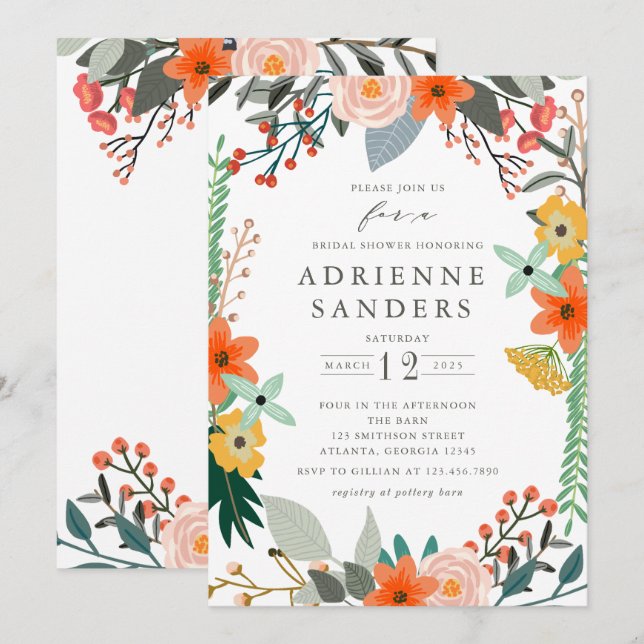 Wildblumen Blumenrahmen Brautparty Einladung (Vorne/Hinten)