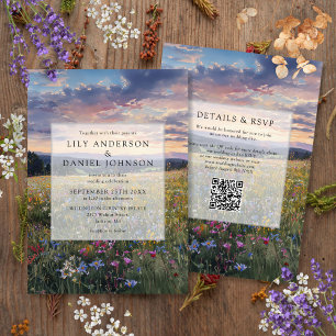 Wildblumen Blumenwiese QR-Code Hochzeit Einladung