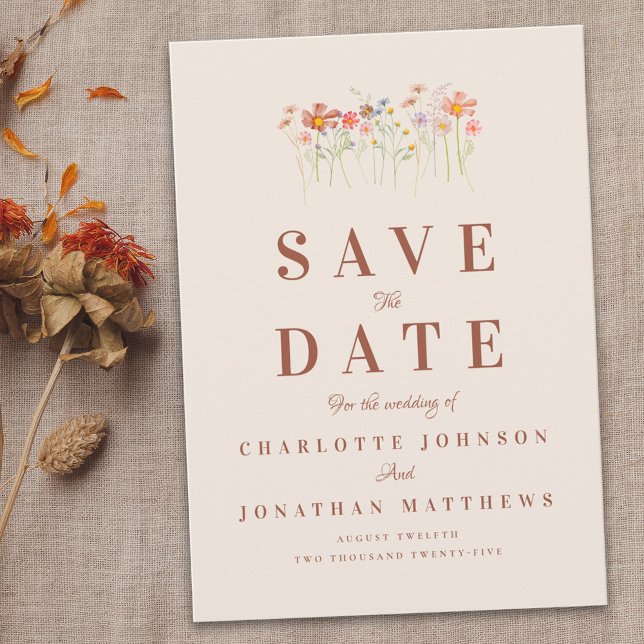 Wildblumen Boho Beige Terrakotta Rost Hochzeit Save The Date (Elegant boho Wildflower meadow beige Wedding save the date card)