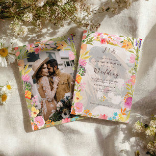 Wildblumen Boho-Garten Sommerblumen-Foto-Hochzeit Einladung