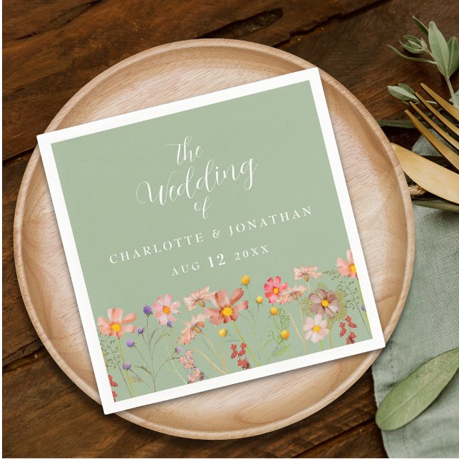 Wildblumen Boho Herbst Floral Salbei Grün Hochzeit Serviette (Personalized Wildflower boho floral sage green & white Wedding napkins watercolor garden meadow)