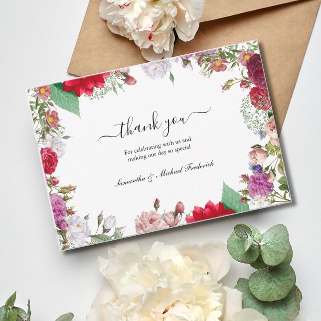Wildblumen Boho Wedding Dankeschön Karten (Wildflower wedding thank you card. Elegant script calligraphy)