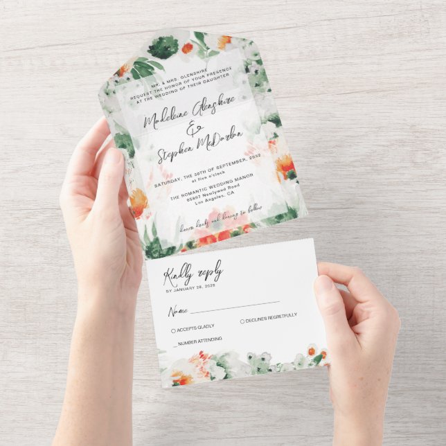 Wildblumen, botanische UAWG, grün-orange All In One Einladung (Abreißen)