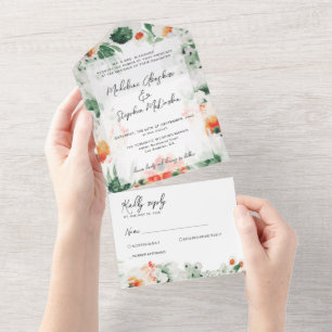 Wildblumen, botanische UAWG, grün-orange All In One Einladung