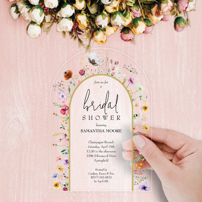 Wildblumen Brautparty Öffentliche Einladung (Wildflowers bridal shower arch-top acrylic invitations - order clear or frosted)
