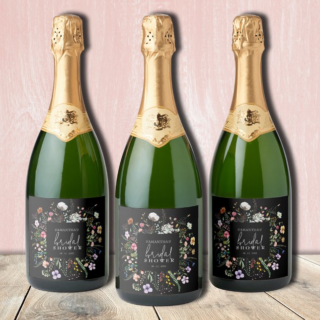 Wildblumen Brautparty Schwarz (Wildflowers bridal shower personalized black champagne bottle labels)