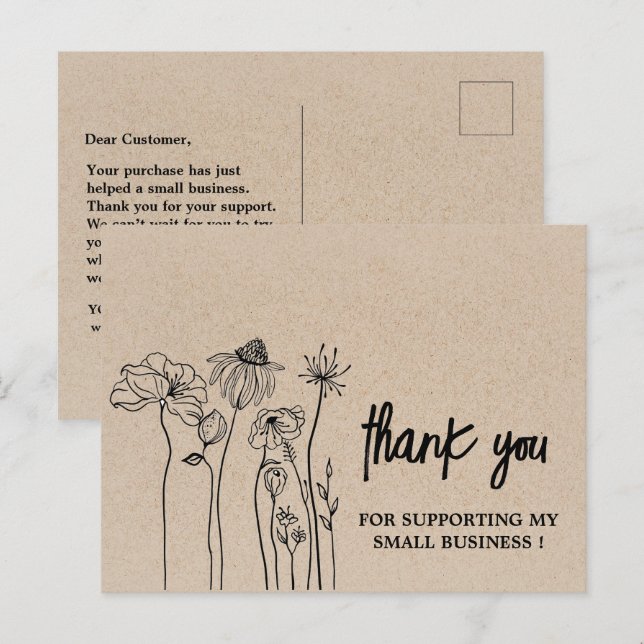 Wildblumen Brown Kraft Vielen Dank für Ihr Geschäf Postkarte (Vorne/Hinten)