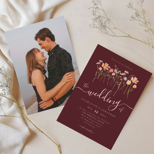 Wildblumen Burgunder & Rosafarben Foto Hochzeit Einladung