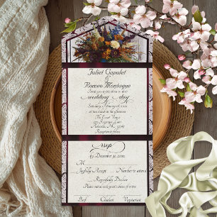 Wildblumen, Burgunderband & Brautkleid mit Spitze All In One Einladung