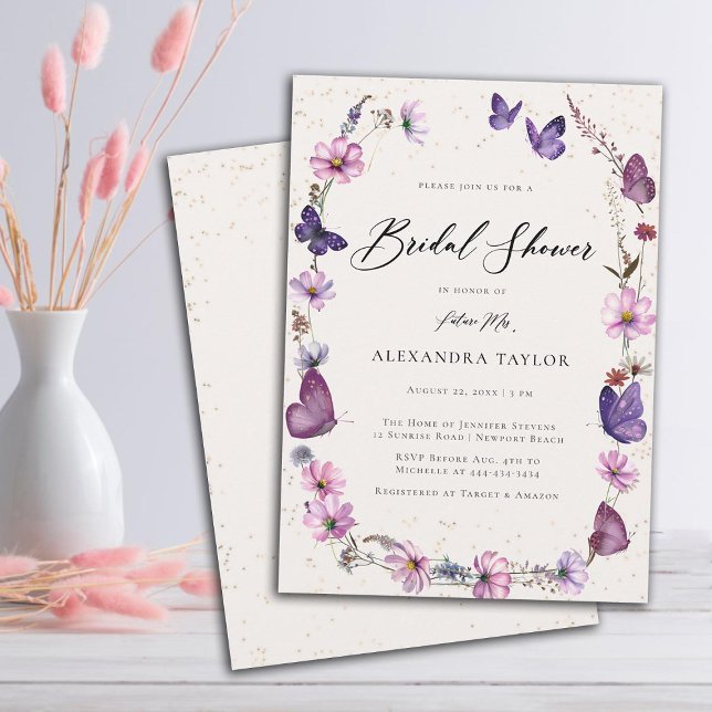 Wildblumen Butterflies Boho Ivory Brautparty Einladung (wildflowers boho frame butterflies pink purple bridal shower invitation elegant rustic modern ivory)