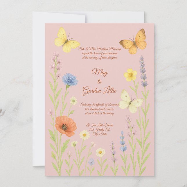 Wildblumen & Butterflies Wasserfarben-Hochzeit Einladung (Vorderseite)