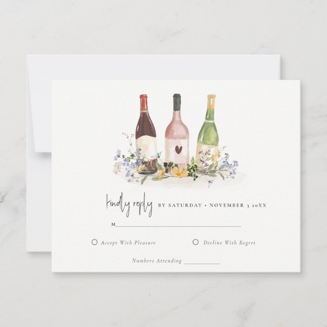Wildblumen Cheers Weinflaschen Hochzeitsempfang RSVP Karte (Vorderseite)