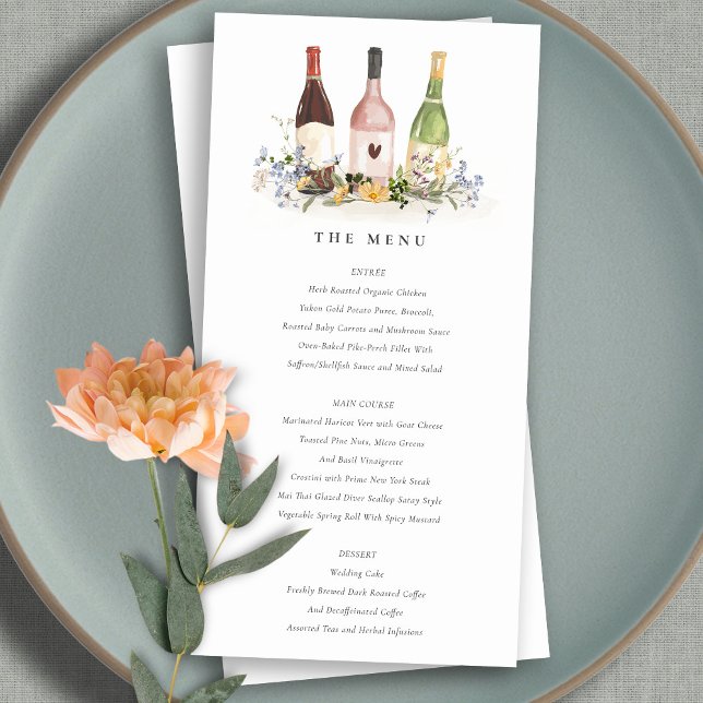 Wildblumen Cheers Weinflaschen Wedding Menu Card Dankeskarte (Von Creator hochgeladen)