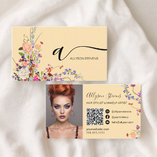 Wildblumen Chic Haar Make-up Foto Initial qr Code Visitenkarte
